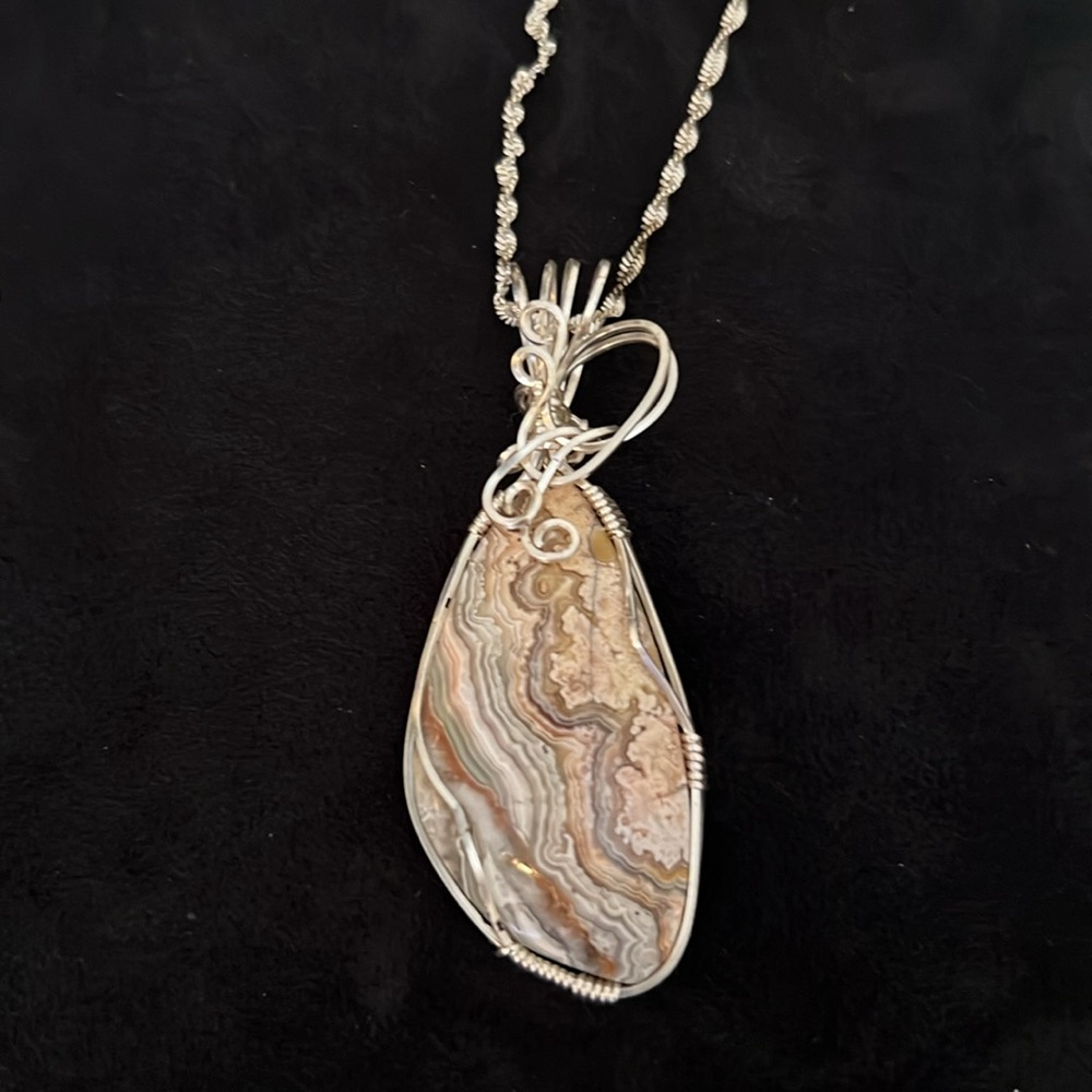 Handmade Sterling silver wrapped stone pendant & 925 necklace 18”